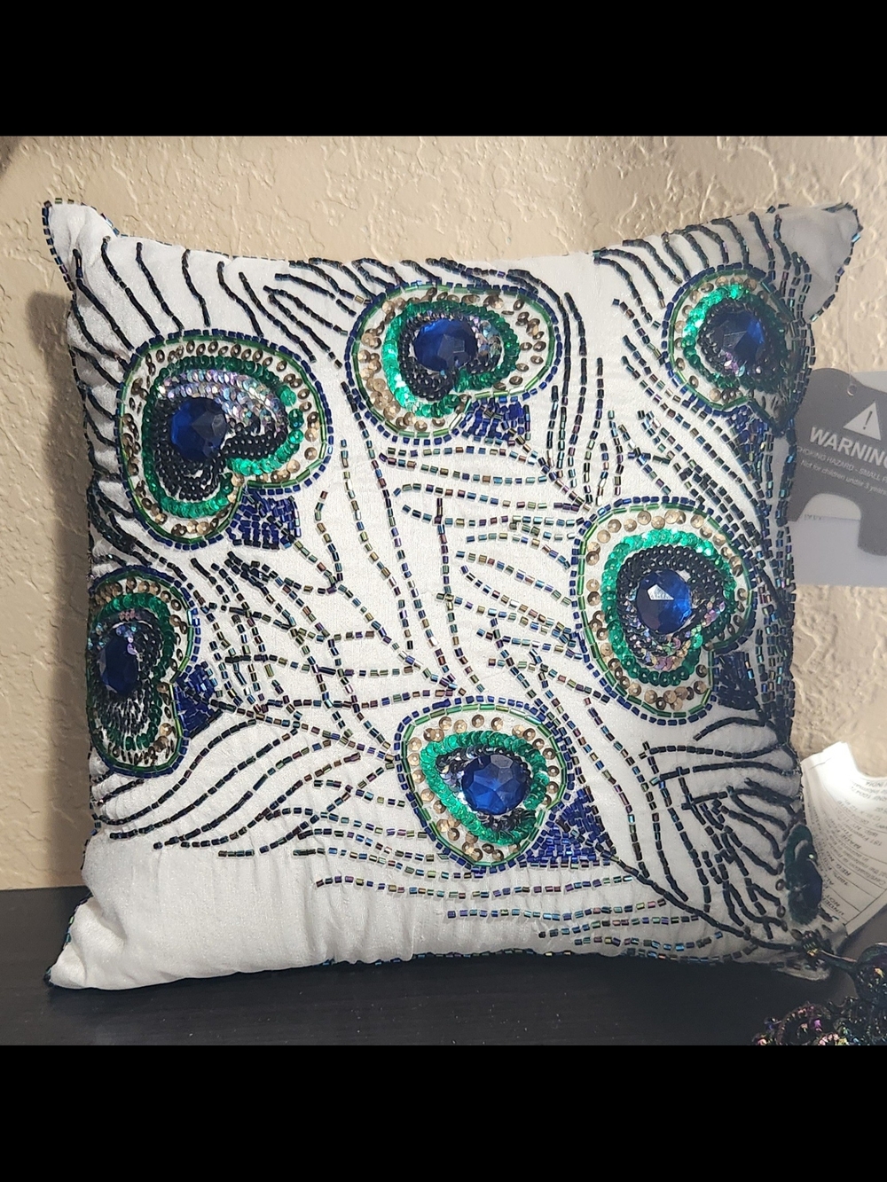 Embellished Peacock Feather Decorative Throw Pillow - White/Blue/Green